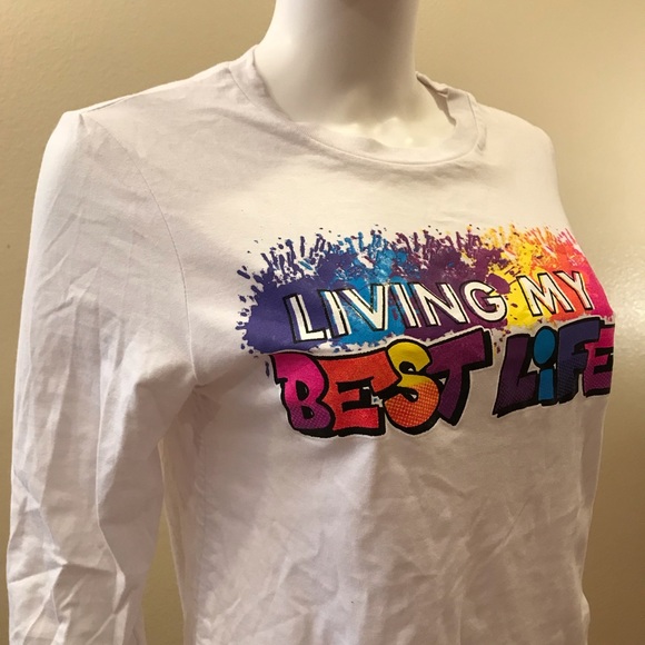 On Fire Living My Best Life Long Sleeve Graphic Tee Womens Size Small White - Picture 2 of 10